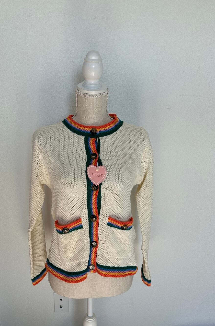 LovLov Knit Rainbow Accent Cream Cardigan - S